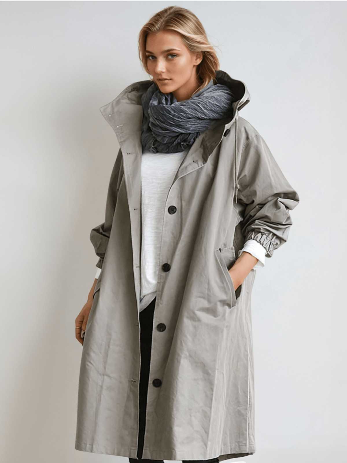 Trenchcoat long chic avec capuche réglable et silhouette moderne