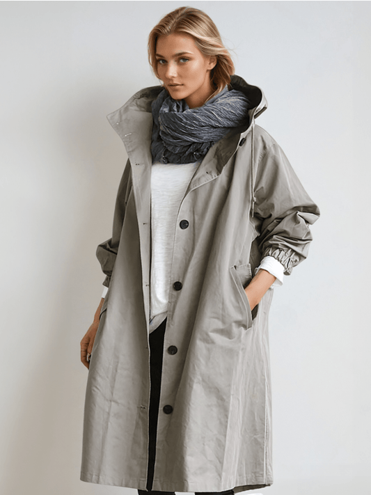 Trenchcoat long chic avec capuche réglable et silhouette moderne